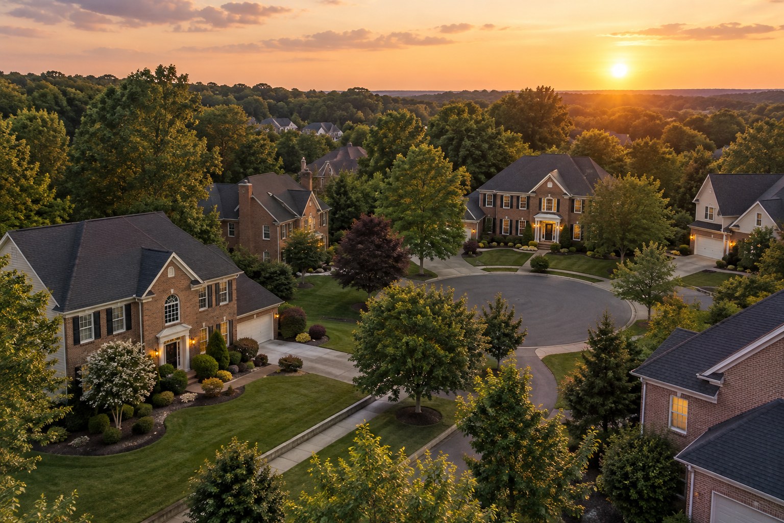 An upscale Stafford County, Virginia neighborhood street at dusk